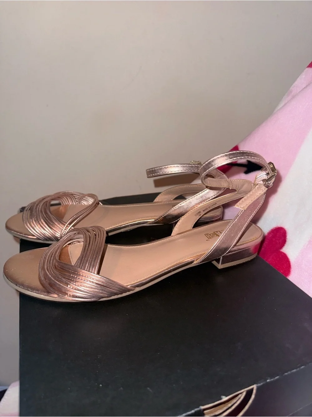 Metallic Rose Gold Strappy Flat Sandals, Size 11